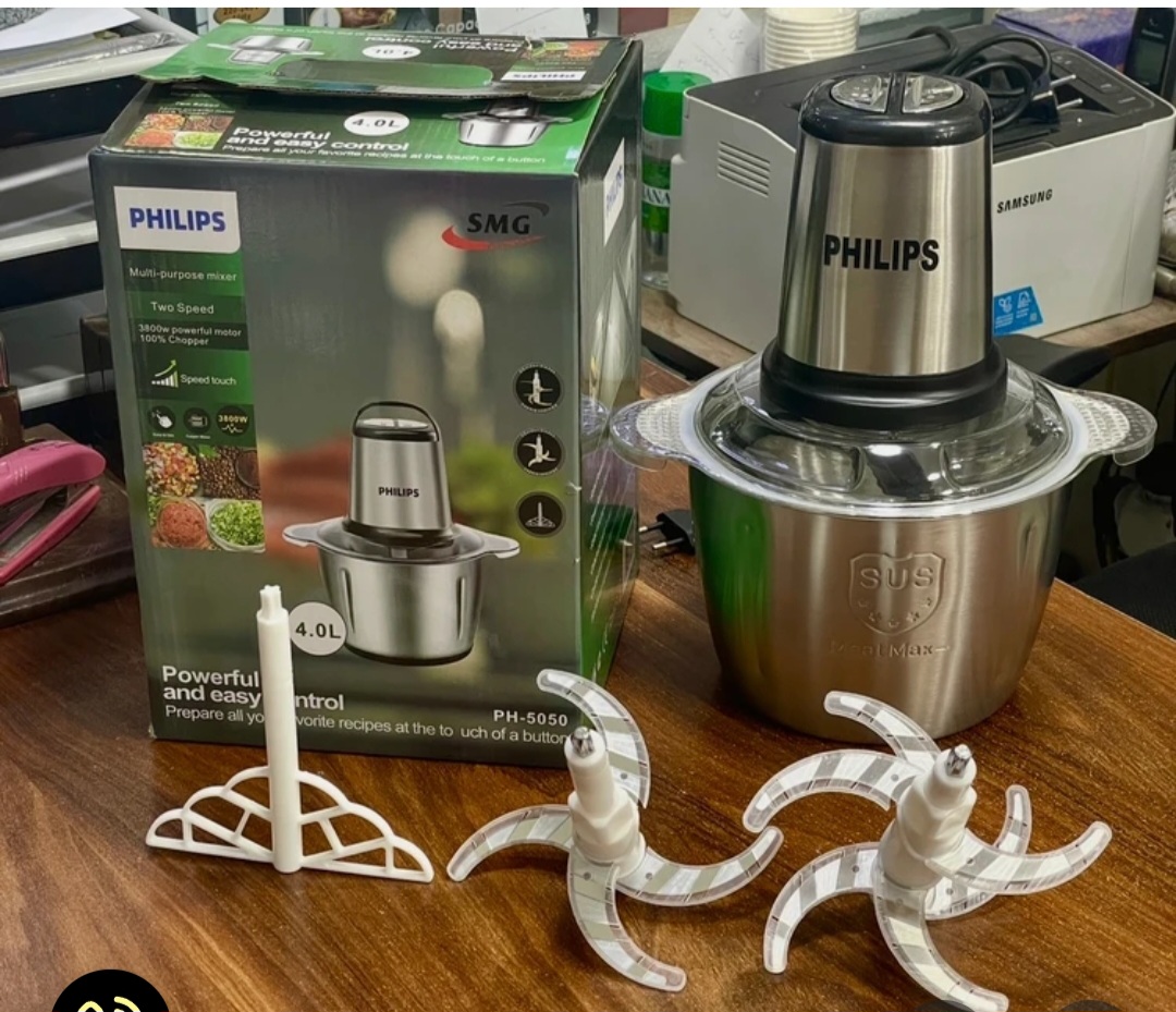 خردکن کاسه استیل فیلیپس -ظرفیت 4 لیتری 4+6تیغه استیل همراه با همزن قدرت 3800 وات مدل PH-5050