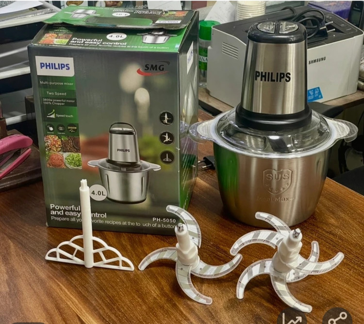 خردکن کاسه استیل فیلیپس -ظرفیت 4 لیتری 4+6تیغه استیل همراه با همزن قدرت 3800 وات مدل PH-5050