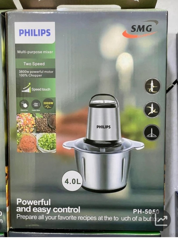 خردکن کاسه استیل فیلیپس -ظرفیت 4 لیتری 4+6تیغه استیل همراه با همزن قدرت 3800 وات مدل PH-5050