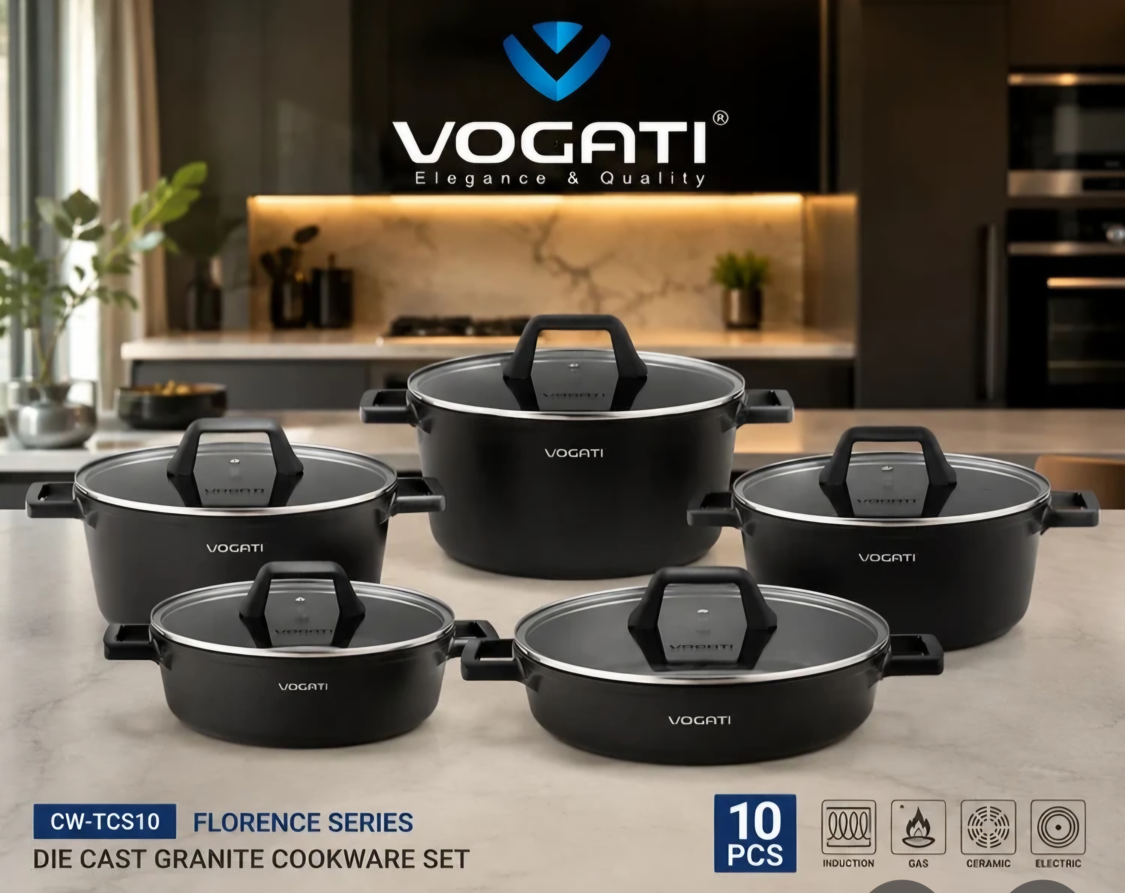 سرویس قابلمه گرانیتی ووگاتی اصلی 10پارچه مدل TCS-10 سری فلورانس Florance دایکست نچسب با درب پیرکس