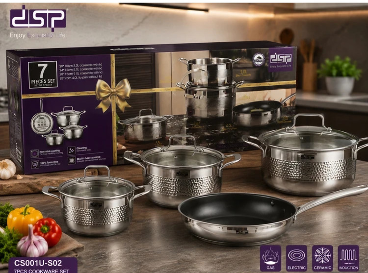 سرویس قابلمه 7 پارچ استیل چکشی DSP اصلی مدل CS001Uاستیل ضد زنگ- درب شیشه ای مناسب انواع اجاق
