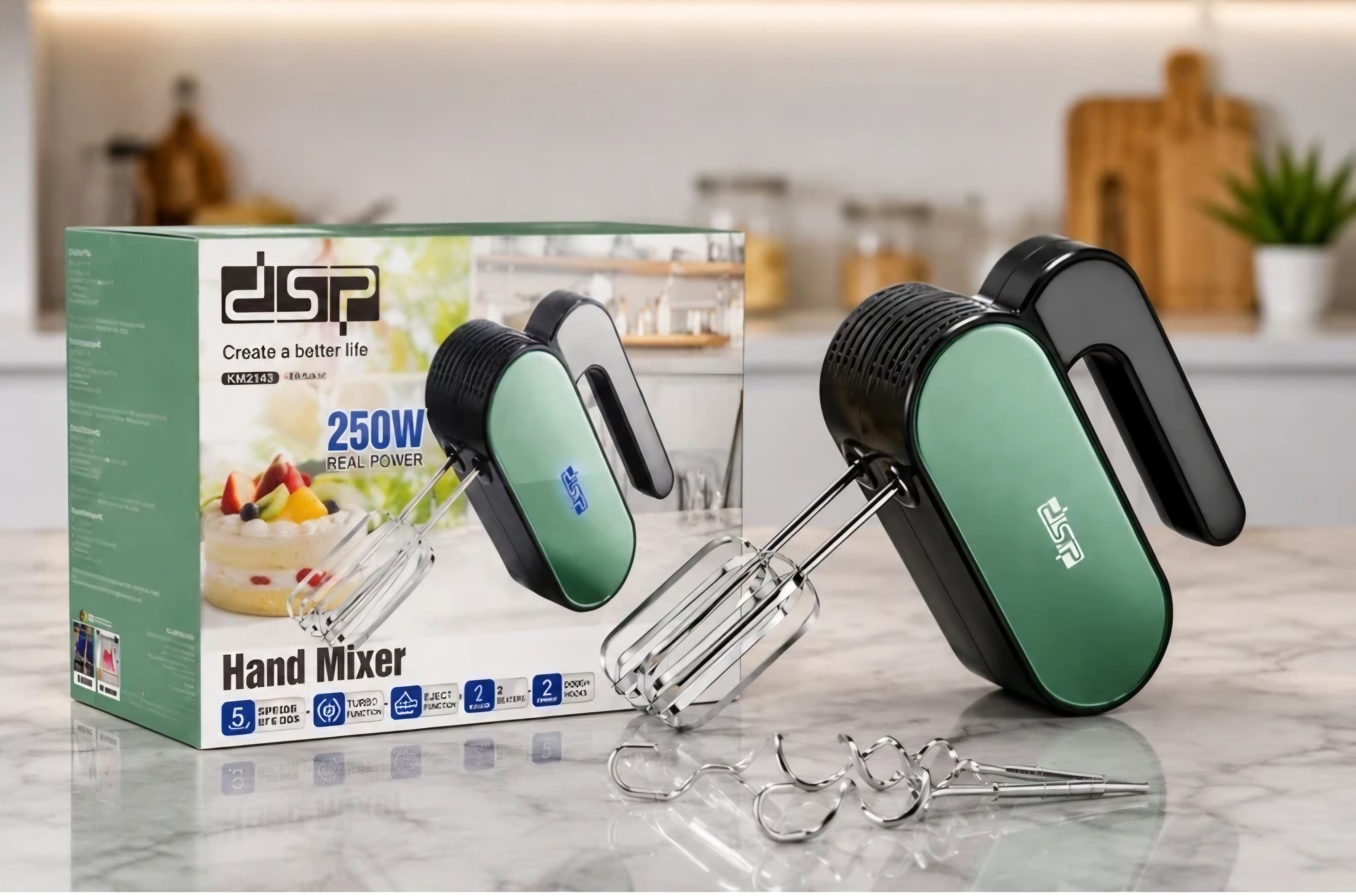 همزن دستی DSP مدل KM 2143 توان 250وات-5 سرعته همراه با سری همزن و خمیرزن