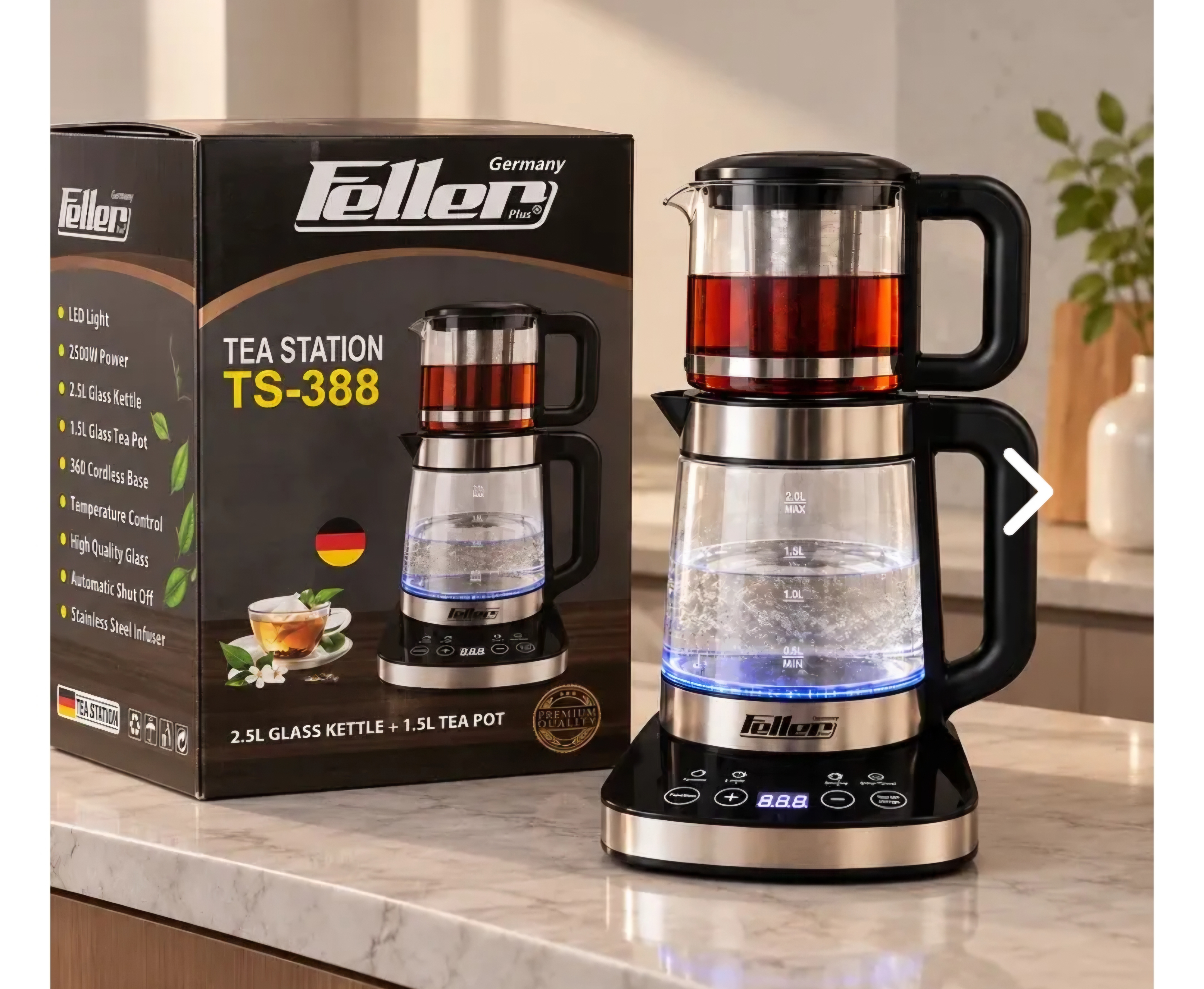 چایساز فلر پلاس مدل TS-388توان 2500 وات با کتری شیشه ای 2.5لیتری و قوری 1.5لیتری