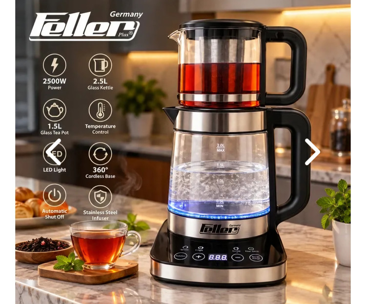 چایساز فلر پلاس مدل TS-388توان 2500 وات با کتری شیشه ای 2.5لیتری و قوری 1.5لیتری